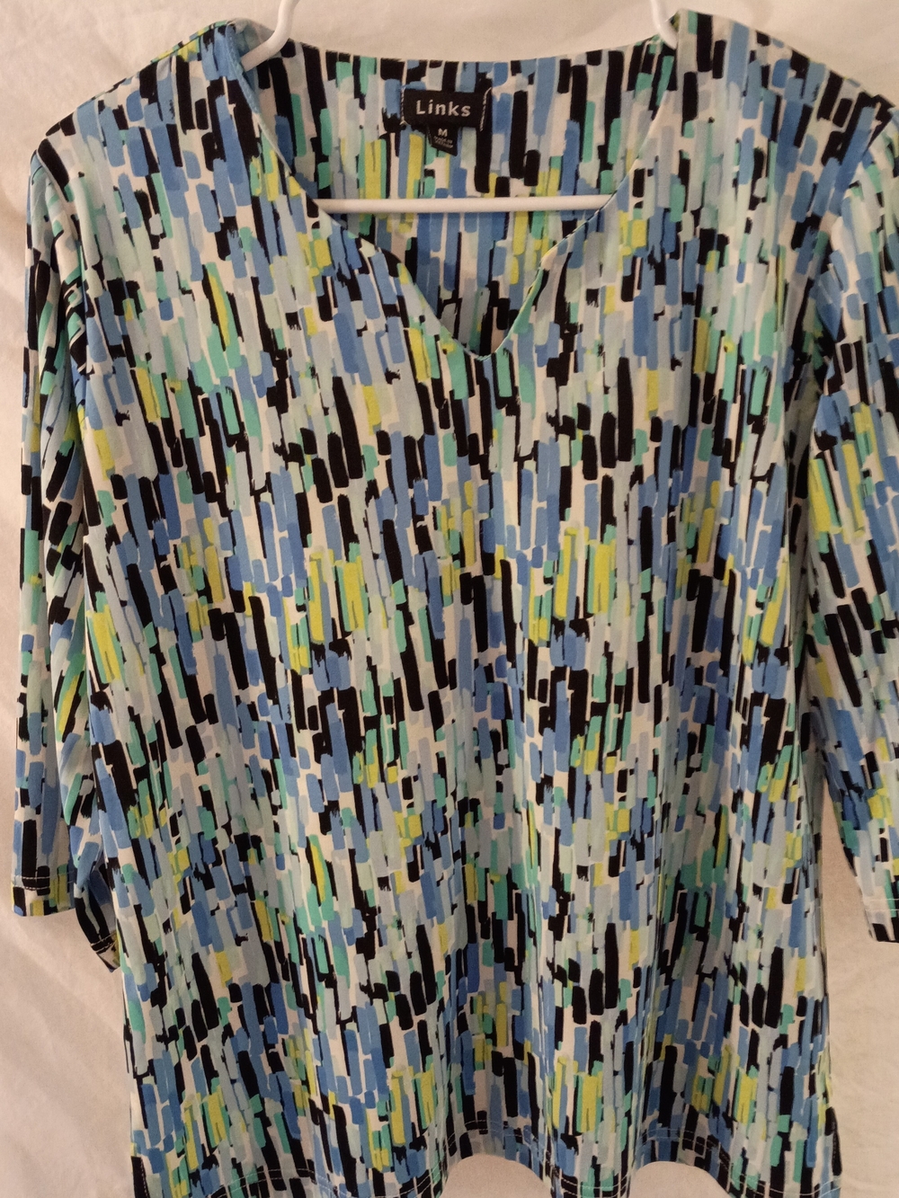 Links Multi-Color Abstract Print V-Neck Blouse - Blue, Black, Mint, Yellow